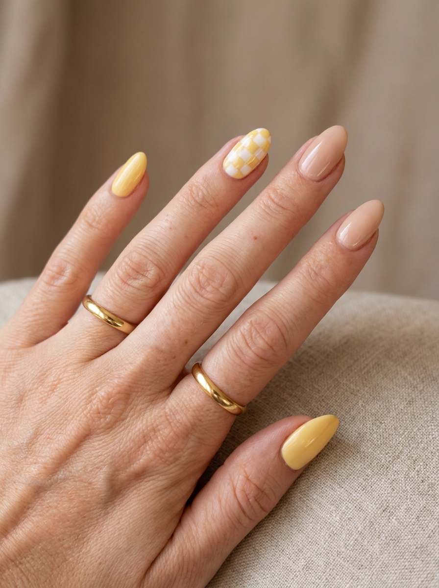 Buttery Yellow Checker Accent Nails mit kleinem Karomuster